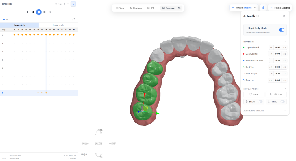 3D Staging Viewer & Editor with Multi-Teeth Selection & Timeline Grid